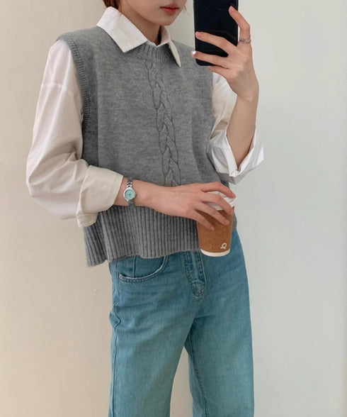 ケーブル編み ニットベスト バックボタン ニットジレ レディース ノースリーブ ニットトップス 大人 重ね着 ベストセーター カジュアル レイヤードベスト お洒落 24TPS-054